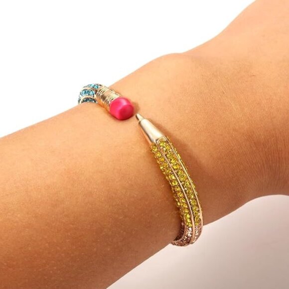 NEW Teacher Gifts Pencil School Rhinestone Gold Dipped Hinged Bangle Bracelet - Picture 5 of 5